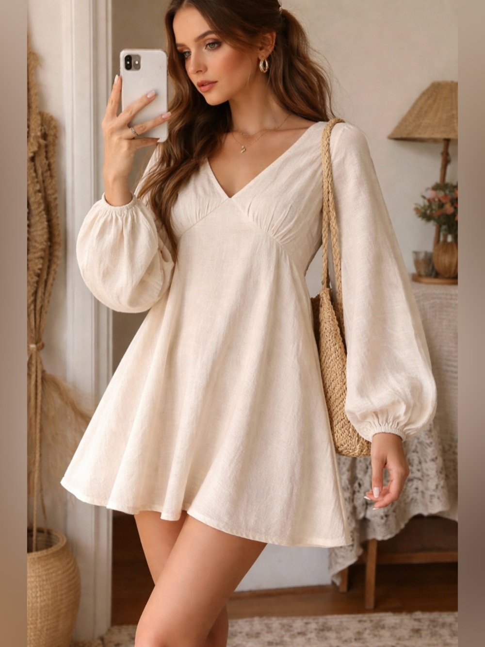 Sincerely Jules Cream Boho Mini Dress XS Long Sleeve Cottagecore linen blend